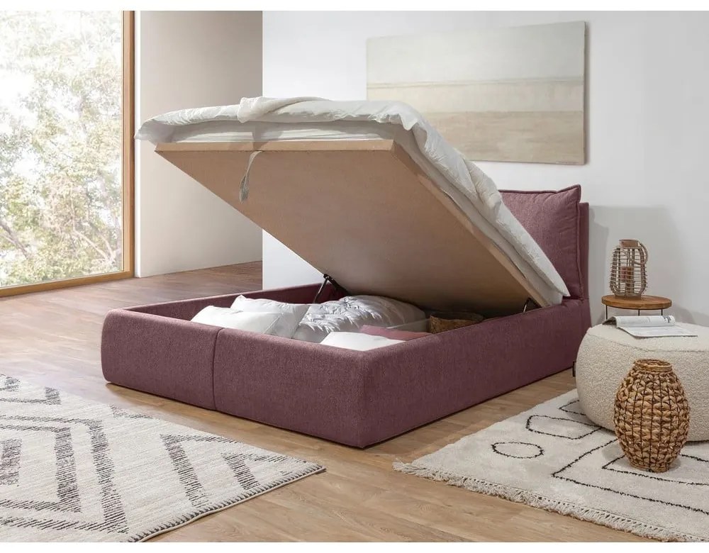 Rózsaszín kárpitozott ágyneműtartós franciaágy ágyráccsal 160x200 cm Garance – Bobochic Paris