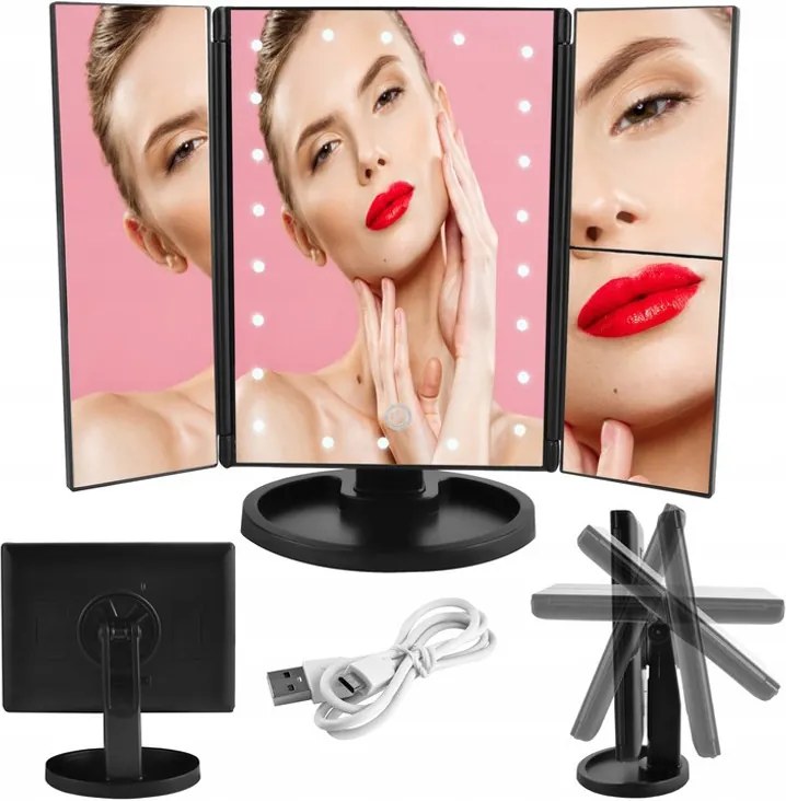 Állítható, forgatható, kihajtható LED-es tükör, fekete