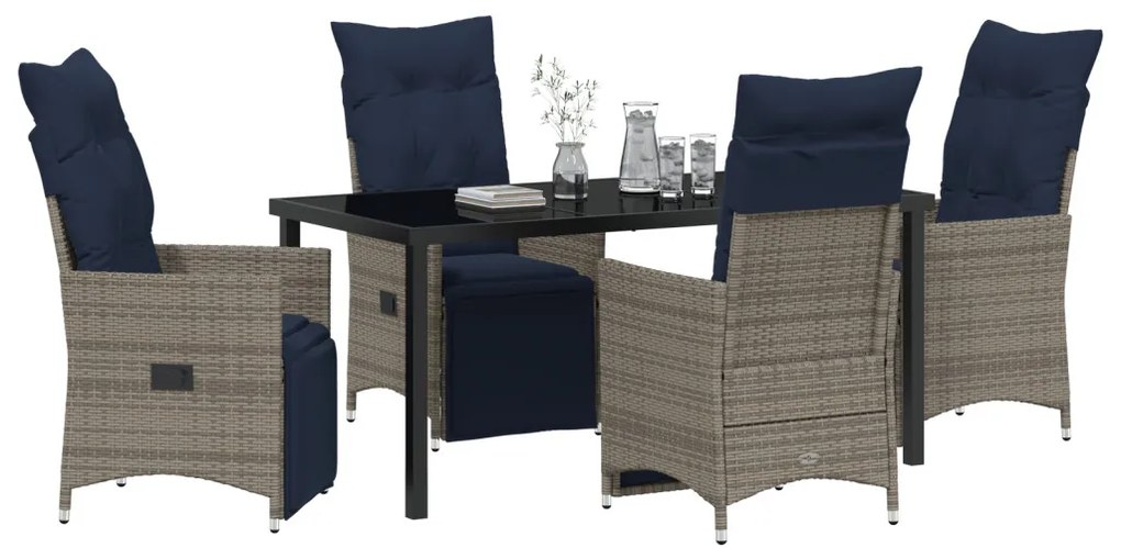 5 részes kerti étkezőszett párnákkal szürke poli rattan, Kerti Asztal Fekete 160x80x73 cm Edzett Üveg