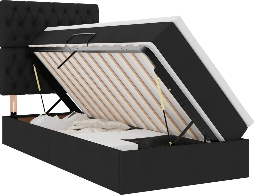 vidaXL Ágy tárolóval és matraccal Fekete 90 x 200 cm Poliészter