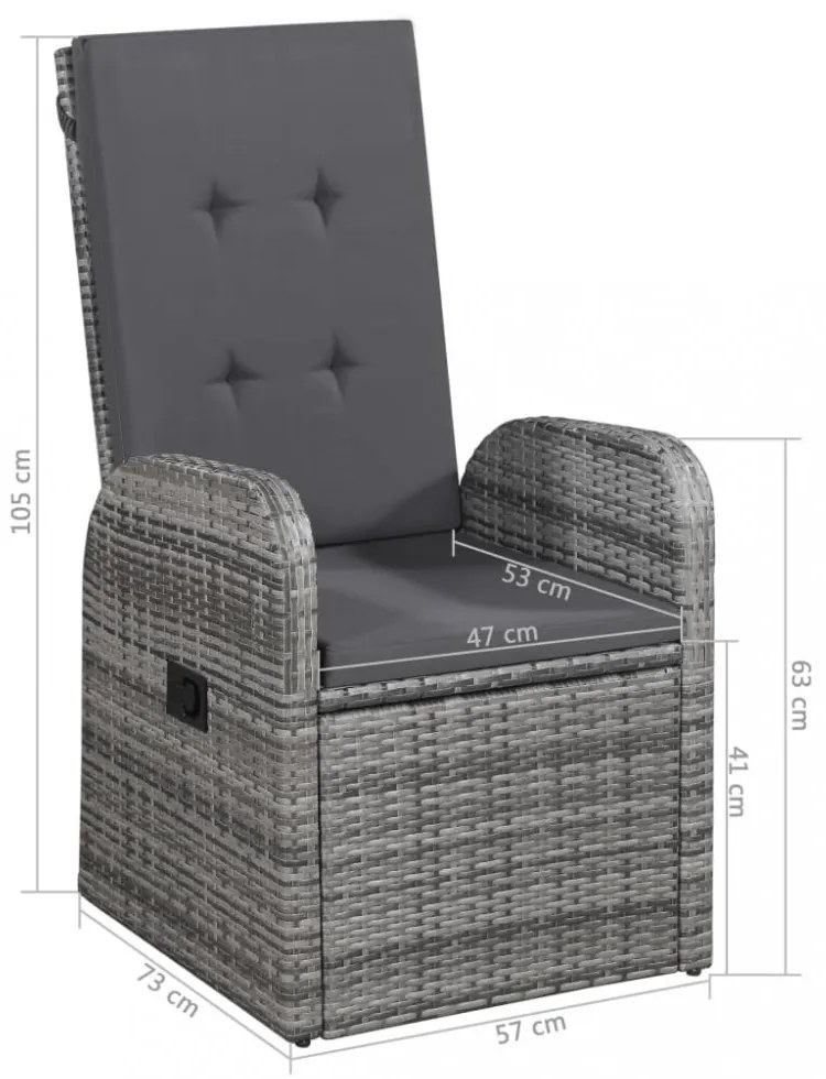 2 db szürke dönthető háttámlás polyrattan kerti szék párnával