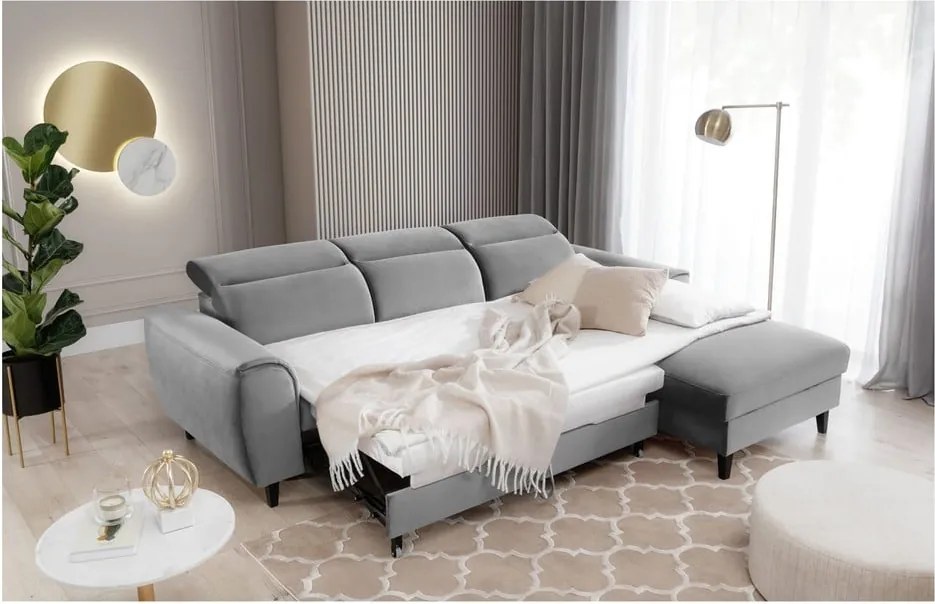Szürke bársony kinyitható-tárolóhelyes sarokkanapé (jobb oldali-heverő résszel) Foble – ELTAP