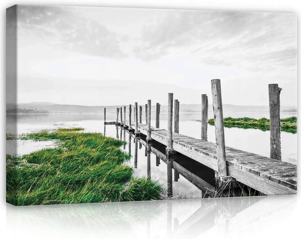 Vászonkép 60x40 Nyugalom csend fű víz móló monokróm zöld akcentus természet