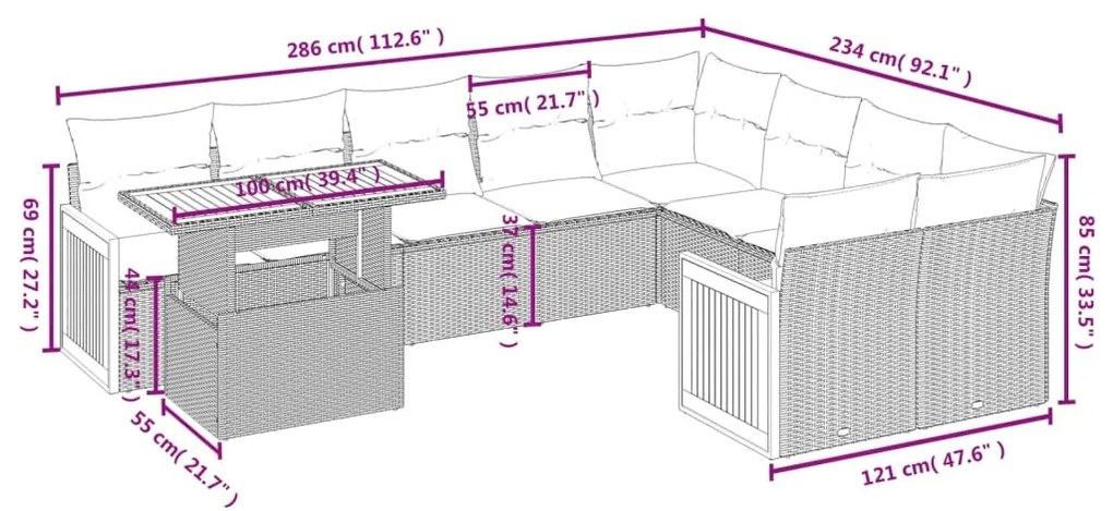 10 részes szürke polyrattan kerti ülőgarnitúra párnákkal