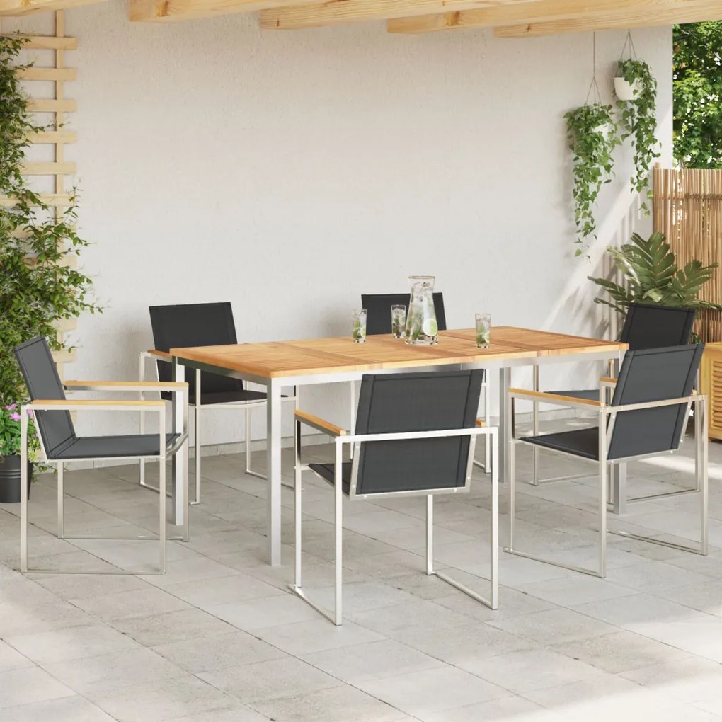 7 Részes Kert Étkező Szett Tömör Fa Tíkkal, Kültéri Étkező Asztal 180x90x75 cm Tömör Fa Tíkkal