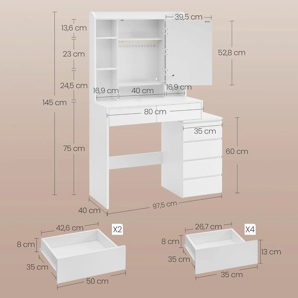 Sminkasztal led-világítással, székkel, felhőfehér színben