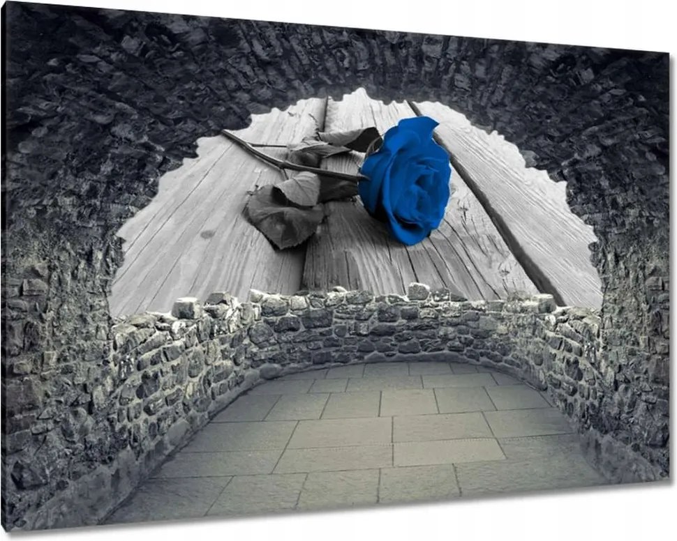 Vászonkép 90x60 Kék rózsa a deszkákon