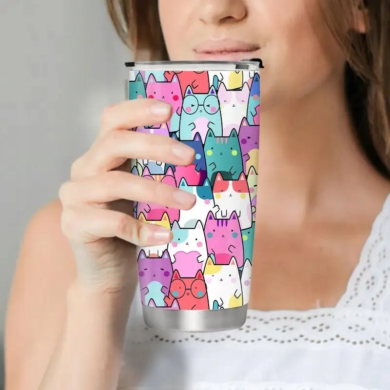 Thermo bögre termosz 600 ml macskák színes légmentesen záródó acél ajándék