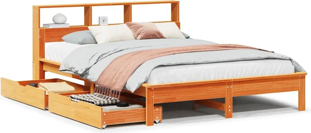 vidaXL barna tömör fenyőfa könyvespolcos ágy matrac nélkül 150 x 200cm