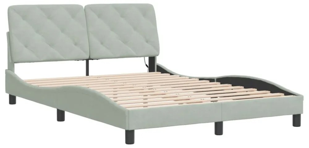 világosszürke bársony ágykeret LED-ekkel matrac nélkül 140 x 200 cm