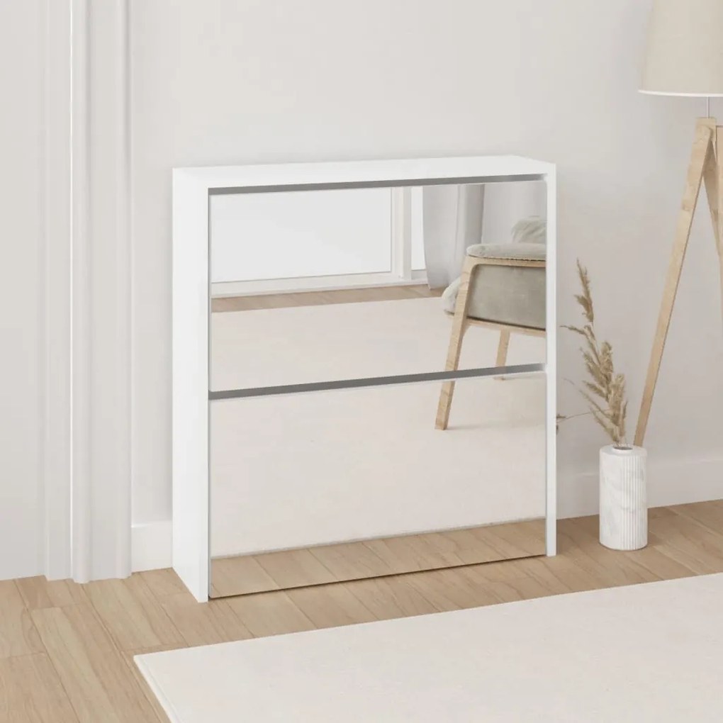 magasfényű fehér 2 szintes cipőszekrény tükörrel 63 x 17 x 67cm