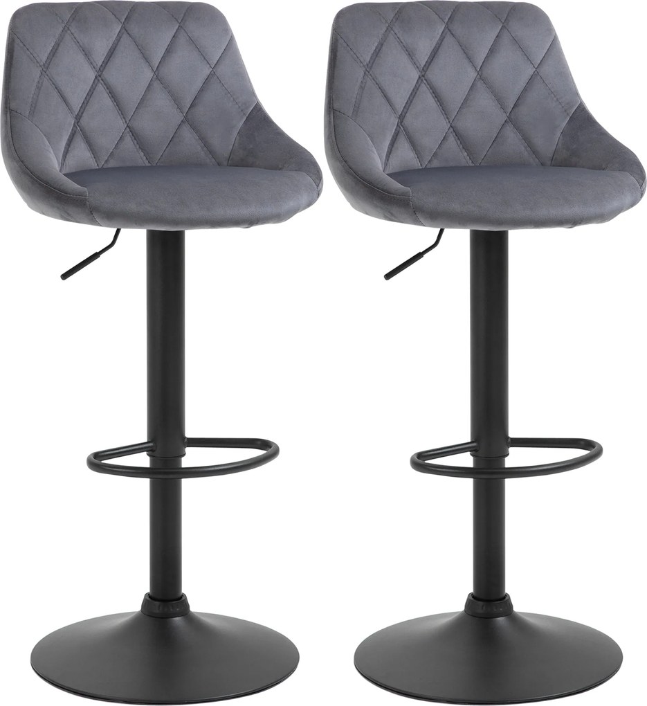 HOMCOM 2 db Bárszék Magasságállító Mechanizmussal, Fém Alap és Műbőr Ülés, Modern Forgószék Háttámmal és Lábpihenővel, 46x48x83-104cm, Szürke és Feket