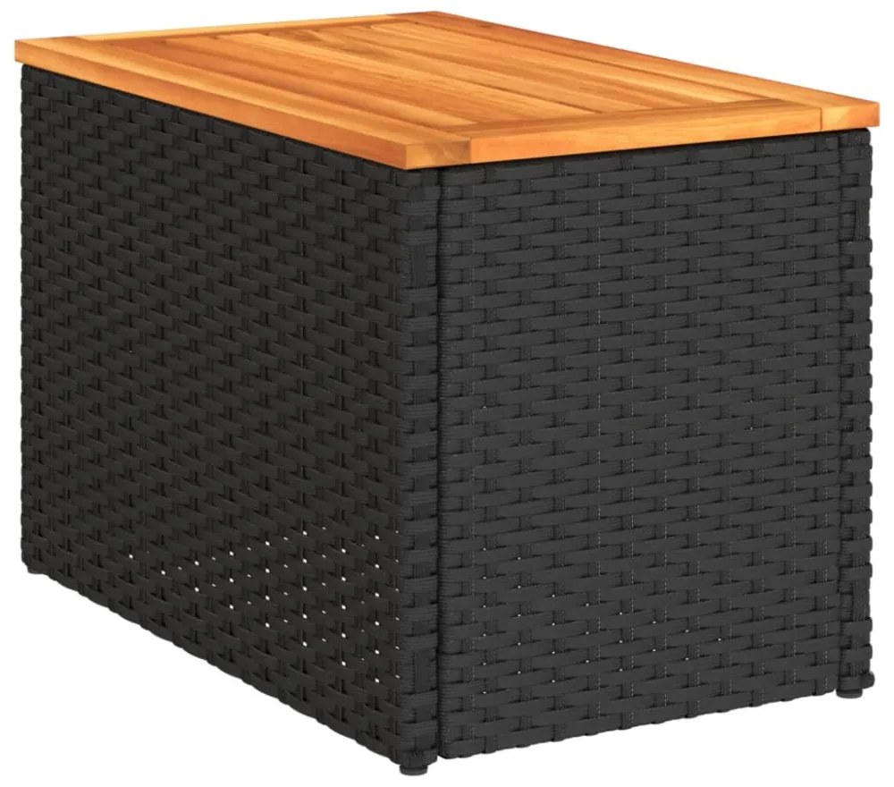 2 db fekete polyrattan és tömör fa kerti kisasztal 55x34x37 cm