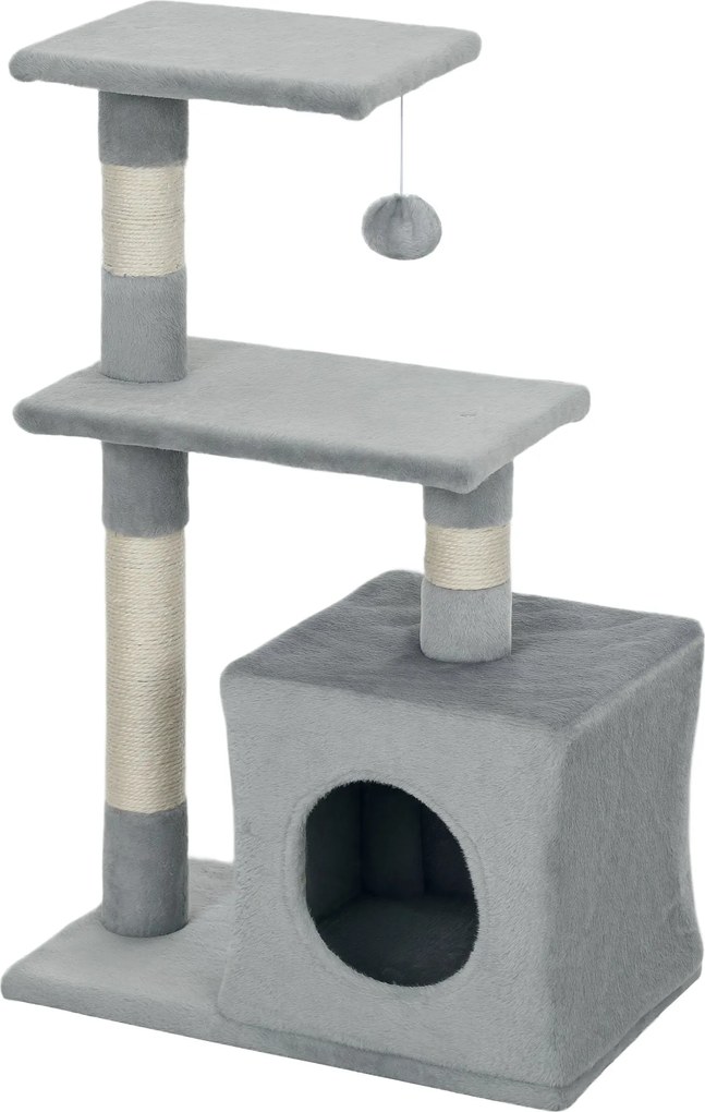 PawHut Macska Karcolófa 81,5 cm Macska Torony Zsinegfokkal 2 Platformmal Barlanggal és Lógó Gömbbel Stílusos Dizájn 50x30x81,5 cm Sötétszürke | Aosom