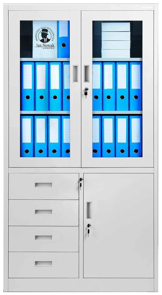 Irodai üvegezett szekrény fiókokkal WIOLA, 900 x 1850 x 400 mm, szürke