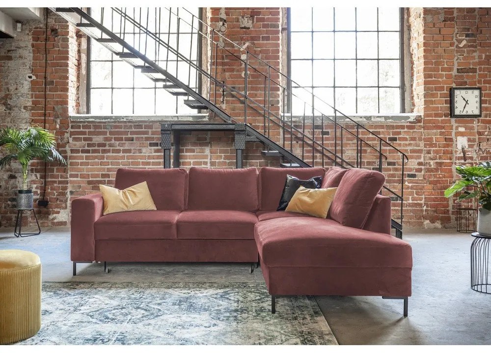 Rózsaszín bársony kinyitható sarokkanapé (jobb oldali) Lofty Lilly – Miuform