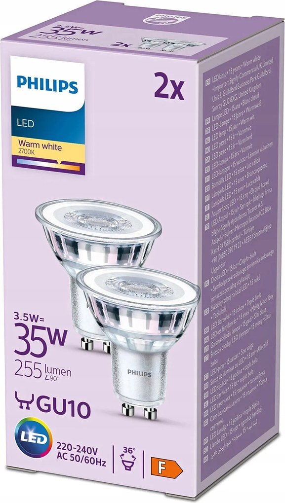 2x Led izzó szett GU10 Reflektor 3.5W 35W 255lm 2700K Meleg Philips