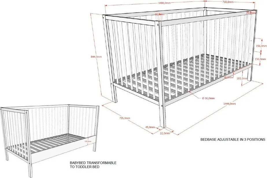 Barna bükkfa babaágy levehető oldallal-állítható magassággal 70x140 cm Dino – Vipack