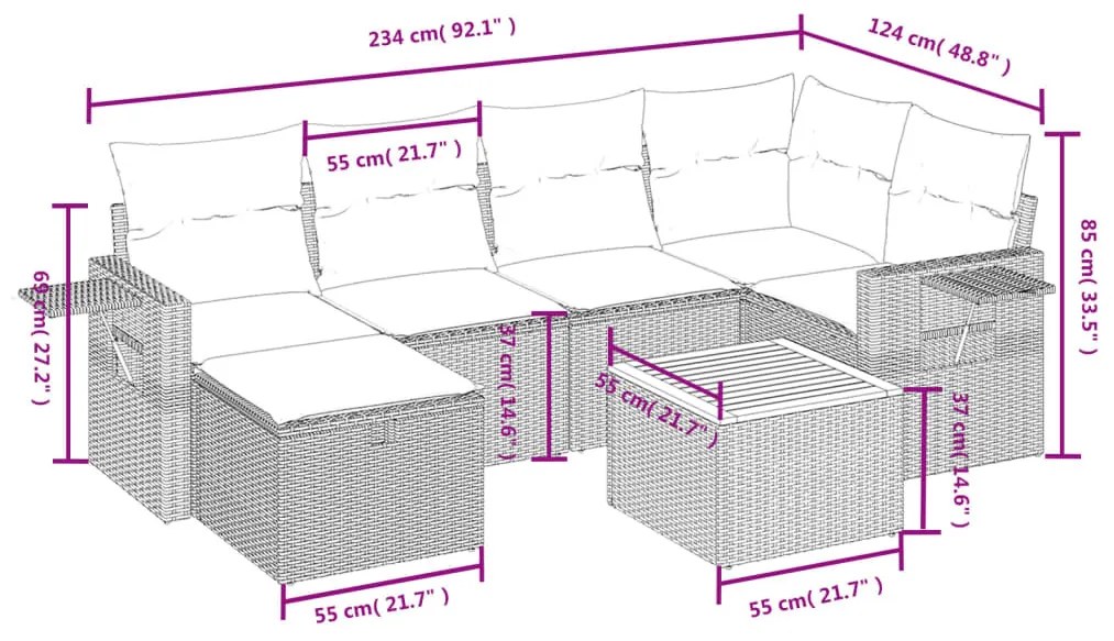 7 részes szürke polyrattan kerti ülőgarnitúra párnákkal