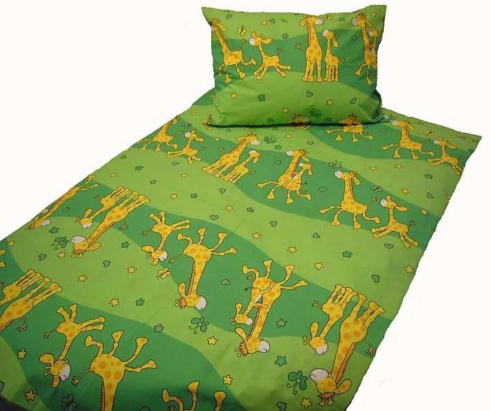 Gyerek pamut lepedők Zsiráf zöld TiaHome - 1x Párna 90x70cm, 1x Paplan 140x200cm