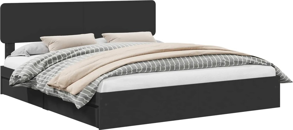 vidaXL Tárolós Ágy fejtámlával fiókkal Fekete 200 x 200 cm Faanyag