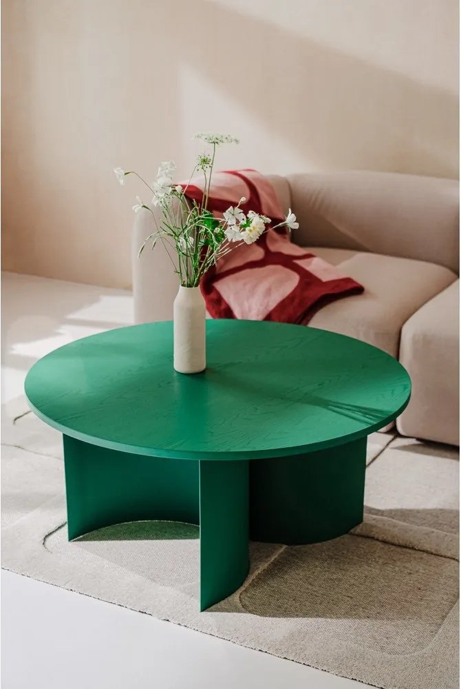 Zöld kerek dohányzóasztal kőrisfa dekoros asztallappal ø 95 cm Gavo – noo.ma