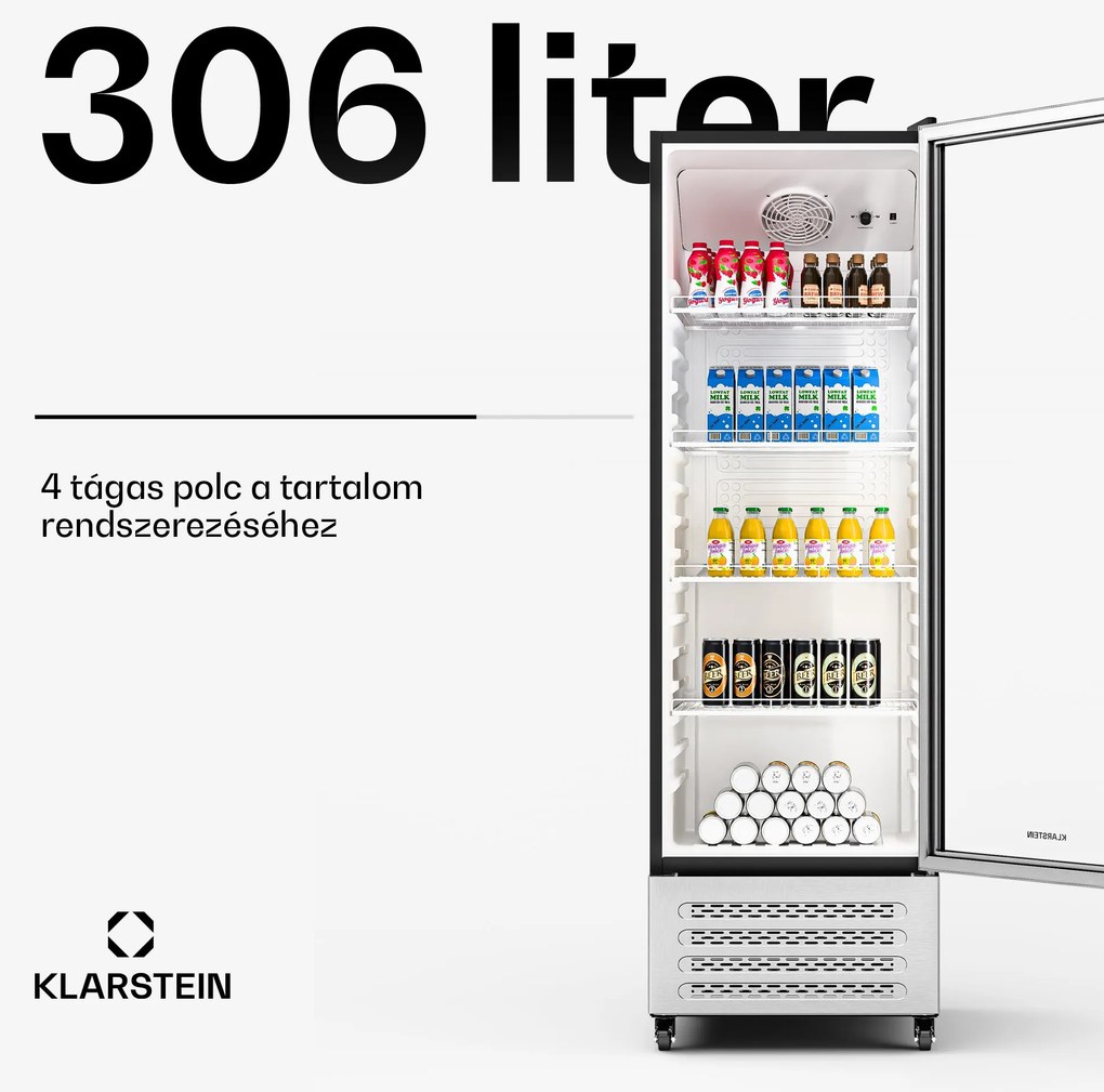 Klarstein GrandCooler italhűtő, 306 l, LED világítás, kerekekkel, 4 polc