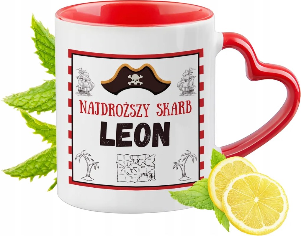 Piros bögre szív alakú füllel Leonnak Ajándék