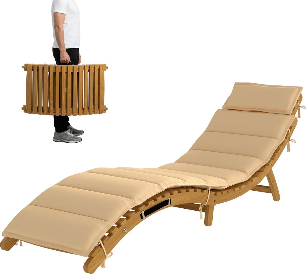 Outsunny összecsukható fa napozóágy párnával és fejtámlával, időjárásálló akác keret, hordfogantyú — bézs, 183 x 54 x 63 cm, max. 120 kg | Aosom
