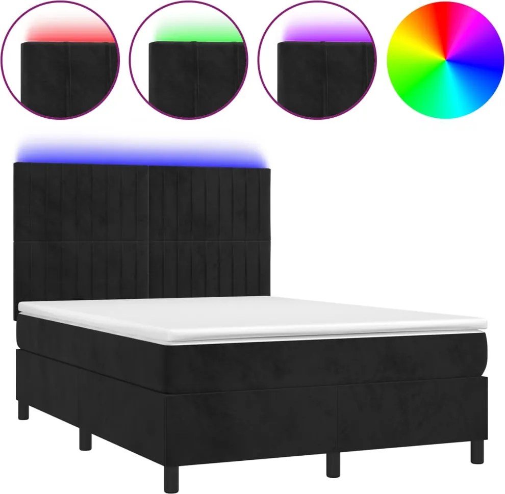 vidaXL fekete bársony rugós és LED-es ágy matraccal 140x190 cm