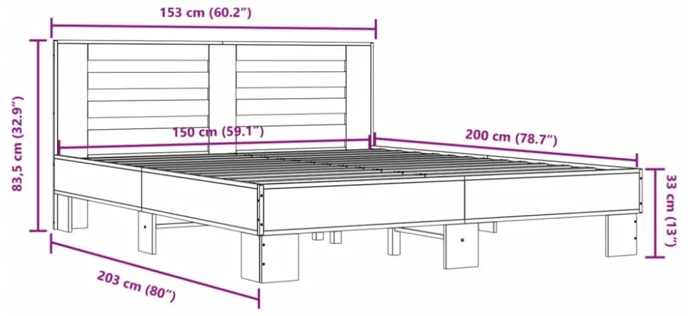 füstös tölgy színű szerelt fa és fém ágykeret 150 x 200 cm