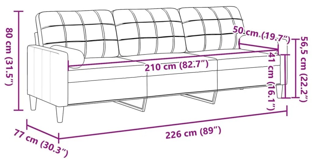 3 személyes fekete szövet kanapé díszpárnákkal 210 cm