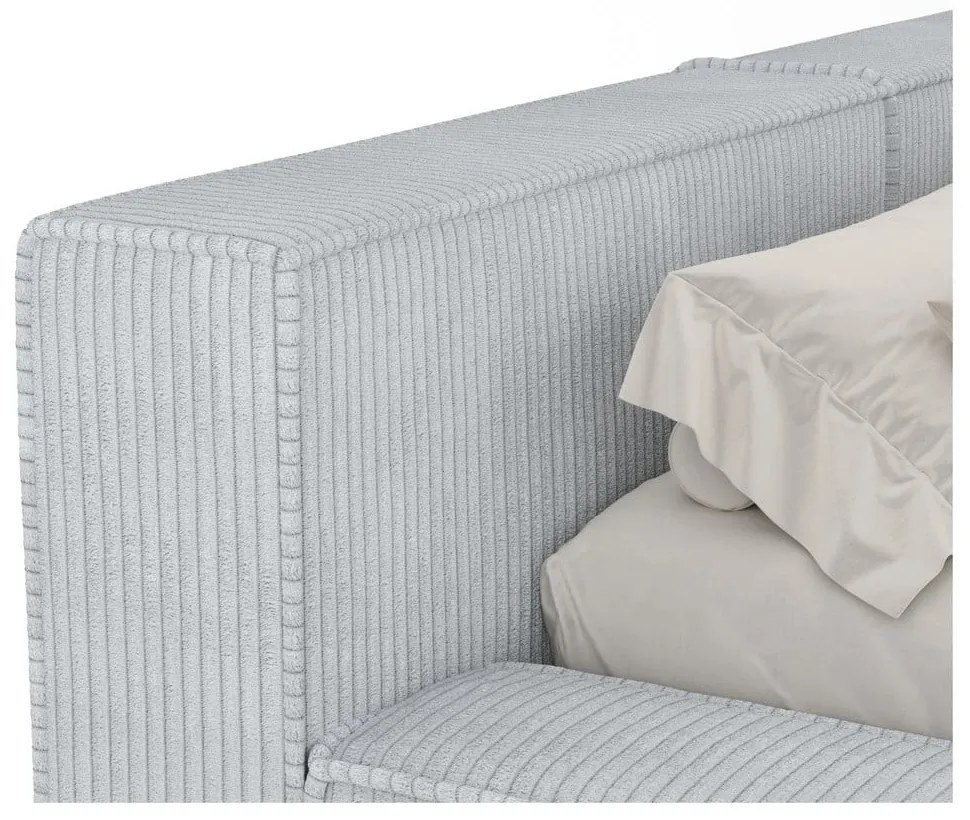 Világosszürke kárpitozott ágyneműtartós franciaágy ágyráccsal 200x200 cm Voliera – Maison de Rêve