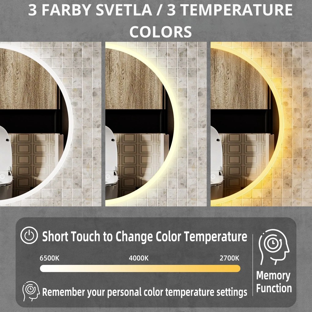 Erga Deam, kerek LED-es tükör 50cm, 3 színű fény, első világítás, páramentesítő fűtőbetét, ERG-V01-Deam-5050-CL
