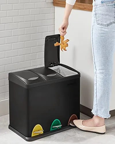 Kis szelektív konyhai hulladékgyűjtő, pedálos fedéllel, 3 x 8 literes vödörrel, acél, fekete