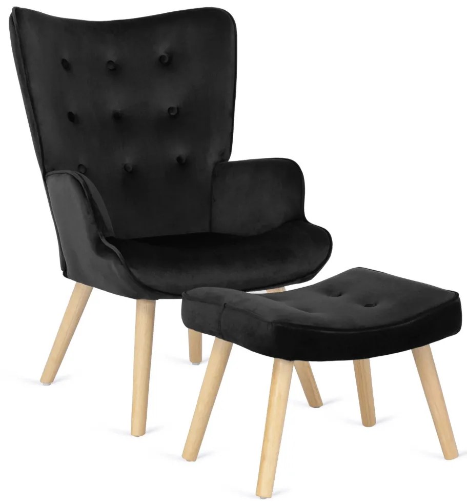 Füles Fotel Lábtartóval Fekete Bársony Kárpittal. LOZANO 2