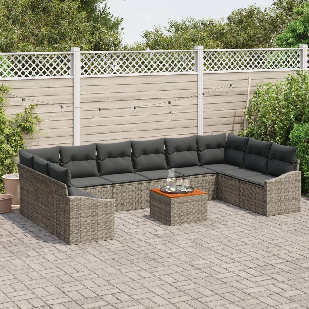 11 Részes Kert Sofa Szett párnákkal Szürke Poli Rattan Akác