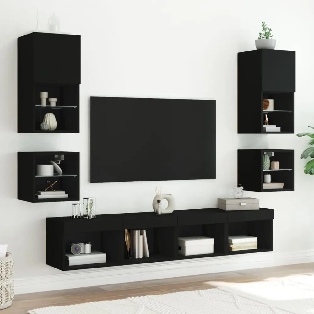 2 db fekete fali TV-szekrény LED-világítással 30 x 28,5 x 30 cm