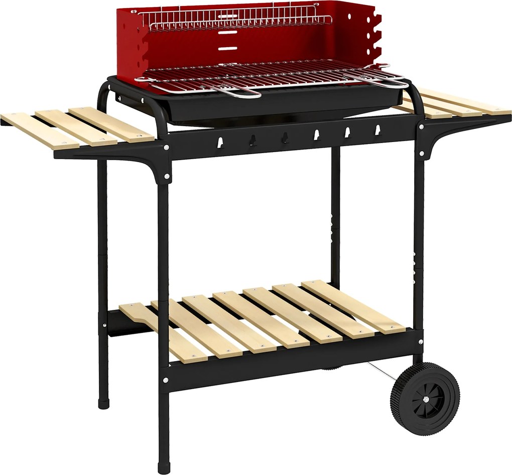 Outsunny Fém Szén Grillező BBQ Füstölő Kerekekkel, Állítható Magasságú Grill Rács, Fa Polc, Hordozható Grill Kocsi, BBQ Barbecue Hozzá, Kempinghez, Te