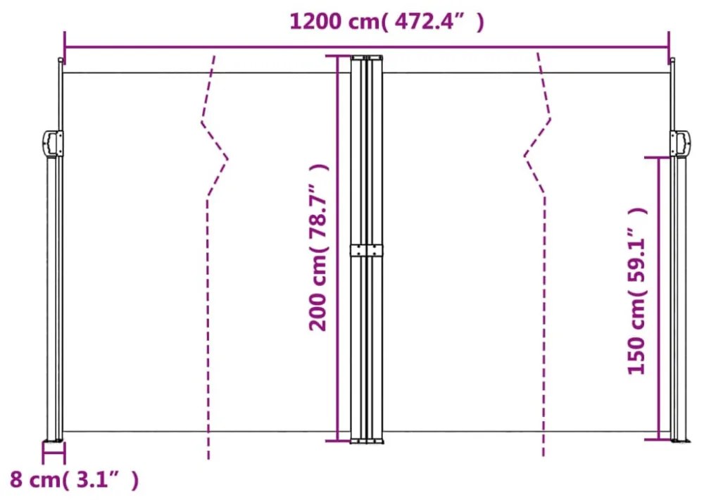 tópszínű behúzható oldalsó napellenző 200 x 1200 cm