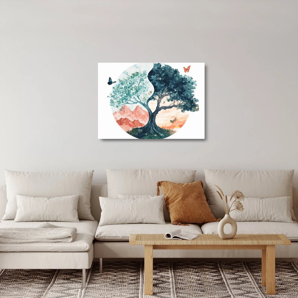 Üveg kép – Akvarellfa tele élettel (70x50 cm)
