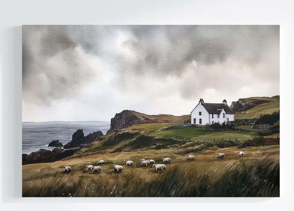 Vászonkép Canvas Tájkép Kilátás Írország Tengerparti Ház Rét Bárányok 60x40