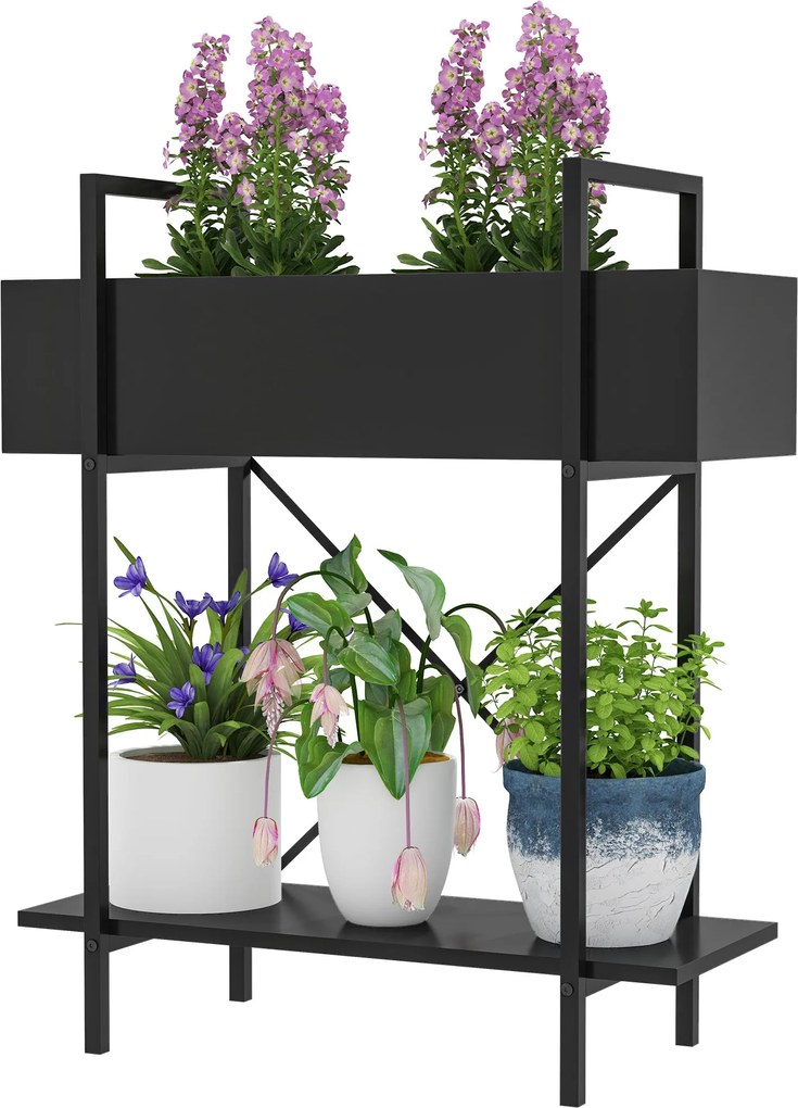 Outsunny Két Szintes Virágtartó, Virágos Polc Belső és Külső Használatra, Fém Virágláda, Többszintes Virágos Állvány, 70 cm Magas Virágtartó Nappaliho