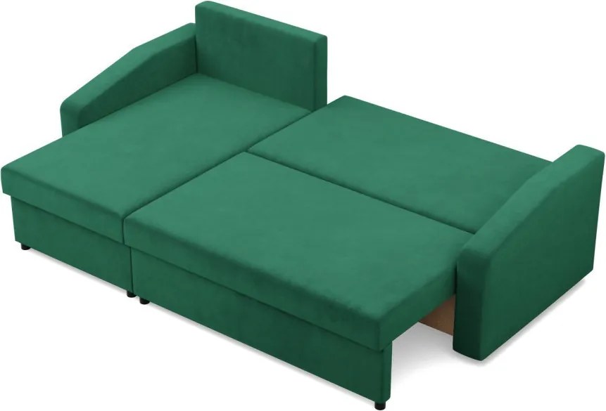 Zeus sarokkanapé, 2 ágyneműtartóval, döntött kartámasz, bársony, univerzális oldal, hab töltet, zöld