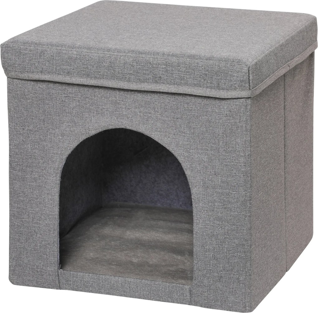 PawHut Macska Ház - Macska Ágy - Macska Kunyhó Karcoló Deszkával és Belső Ajtóval - 36,6x36,6x36,6 cm Szürke | Aosom