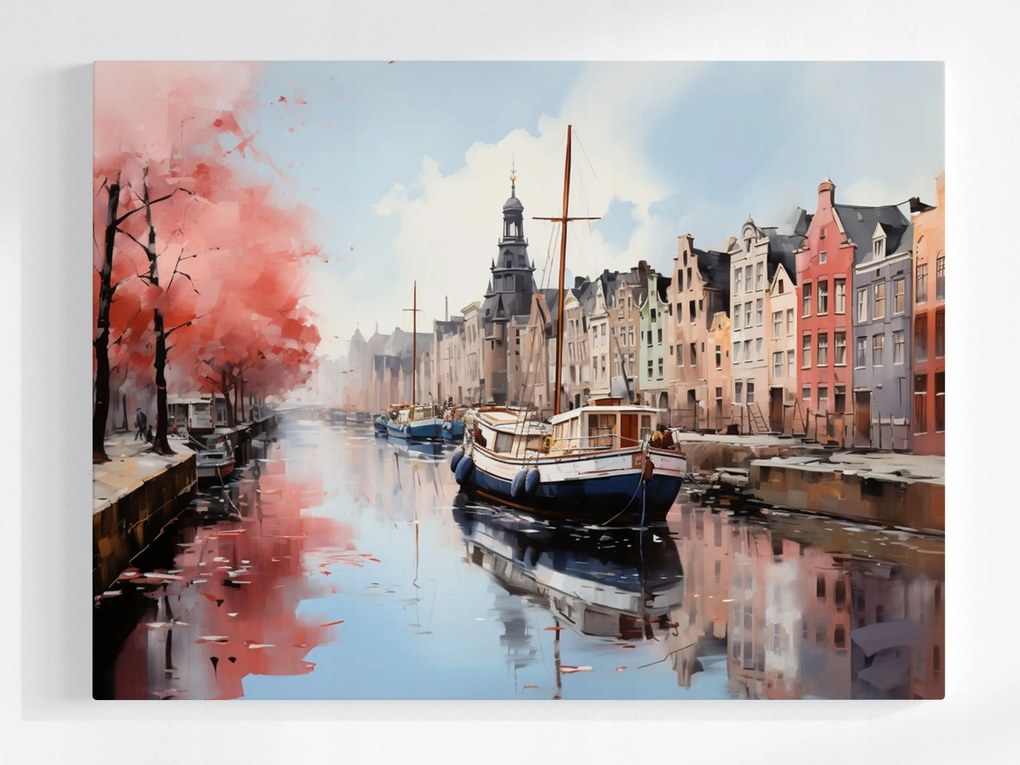 Poszter Város Hollandia Bérházak Csatorna Hajók Kilátás 80x60