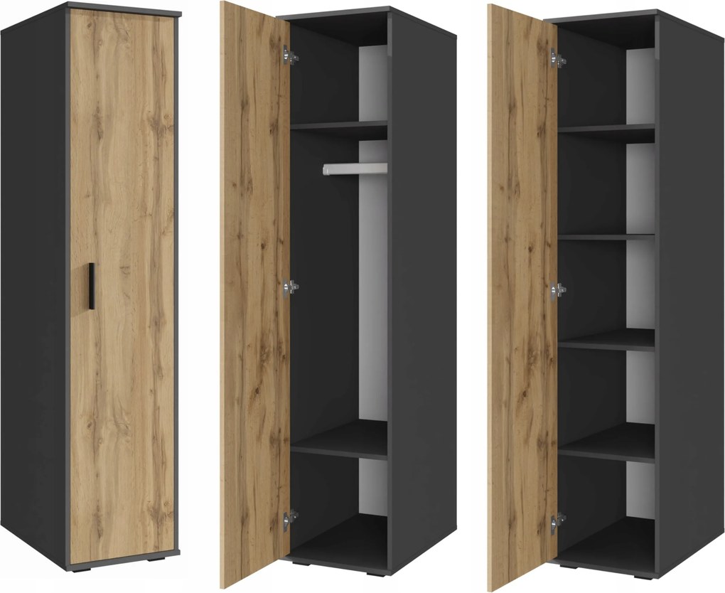 Bodo 1D4P szekrény Antracit-wotan könyvespolc polcokkal és rúddal ruhaszekrény