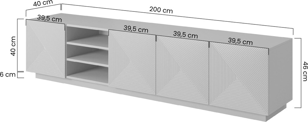 Asha fali TV-szekrény 200 cm, polccal - matt fehér