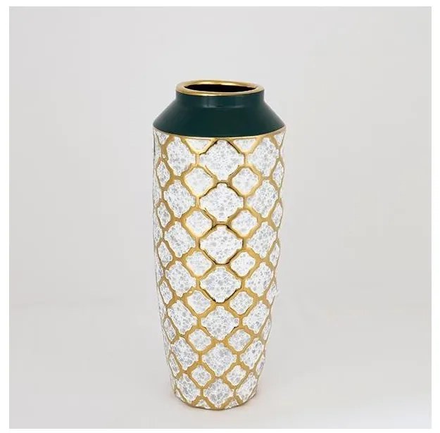 Kerámia váza 31x12,5 cm fehér/arany/zöld