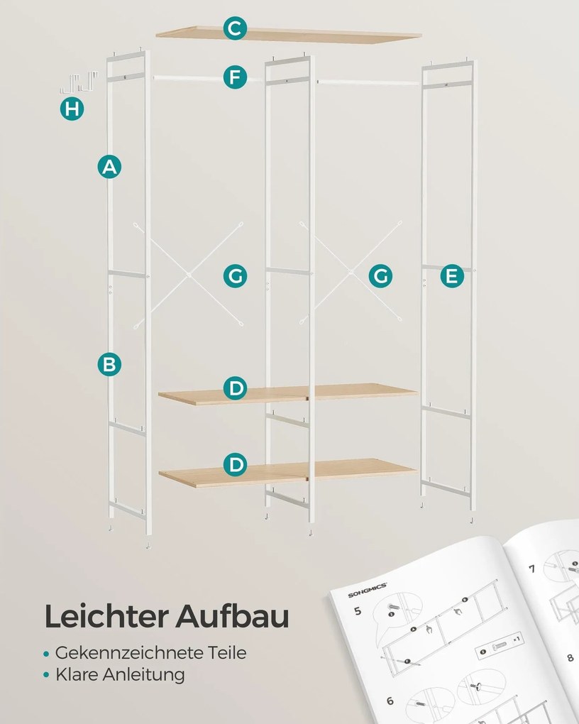 SONGMICS nyitott ruhásszekrény akasztóval és polcokkal, 40 x 94,5 x 180 cm, bézs